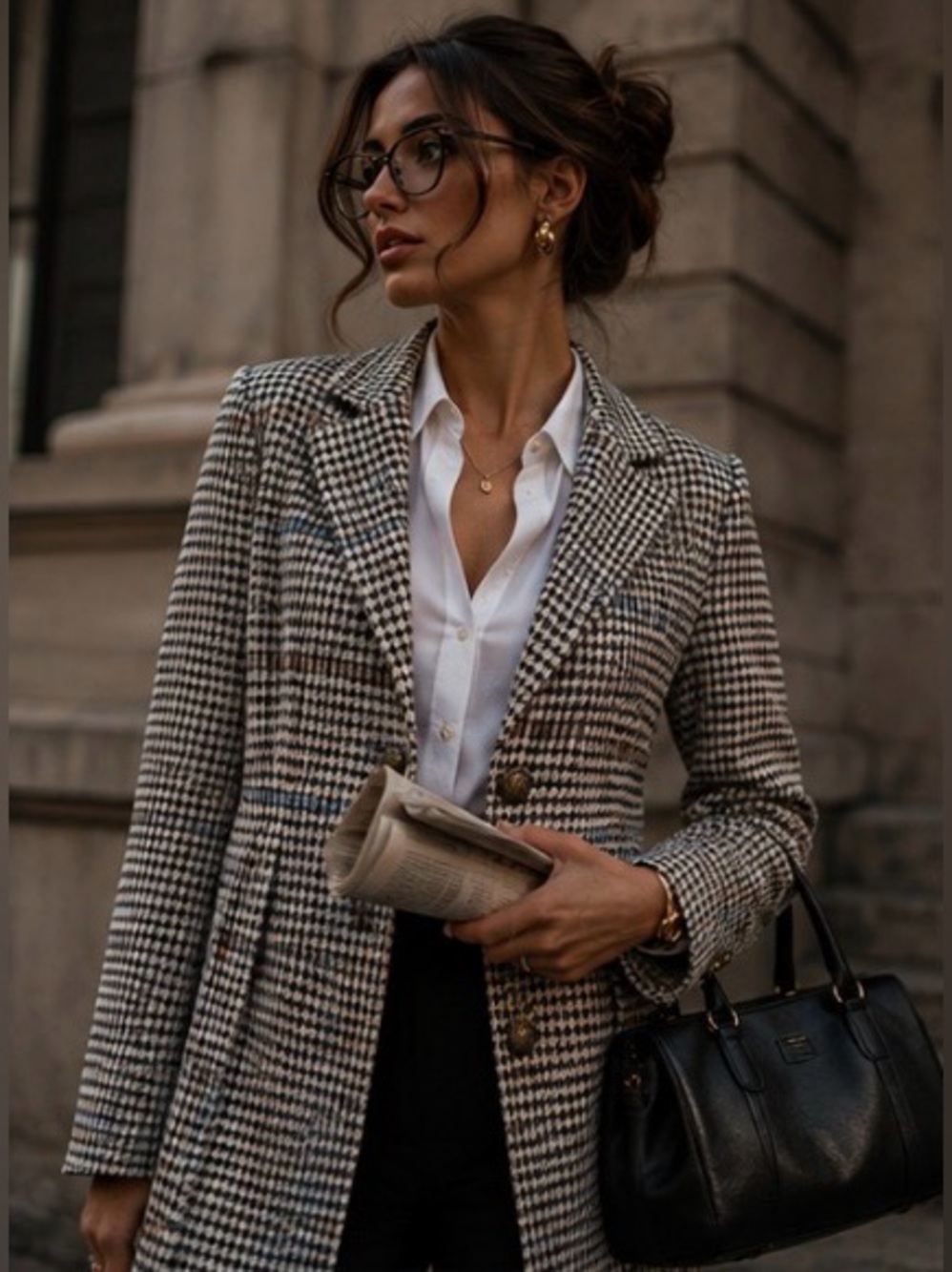 Soft Surroundings Houndstooth Plaid Coat in Black, White, Brown